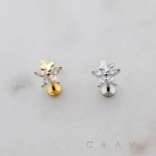 MARQUISE CZ FLOWER BUTTERFLY SPRING THREADLESS (PUSH IN) 316L SURGICAL STEEL LABRET SET MARQUISE CZ FLOWER BUTTERFLY SPRING THREADLESS (PUSH IN) 316L SURGICAL STEEL LABRET SET